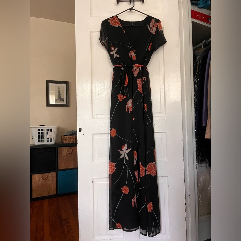Vera Moda black floral maxi short-sleeve dress, size M